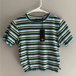 Dickies Womans Striped Blue Green Ruffled Short Sleeves Baby T Shirt Sm New Y2K